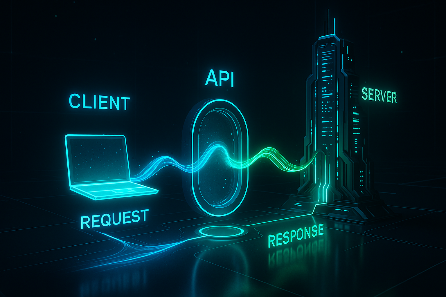 Futuristische 3D-Darstellung eines API Request-Response-Zyklus als Sequenzdiagramm, das den Datenfluss zwischen Client, API und Server mit neonblauen und grünen Effekten visualisiert