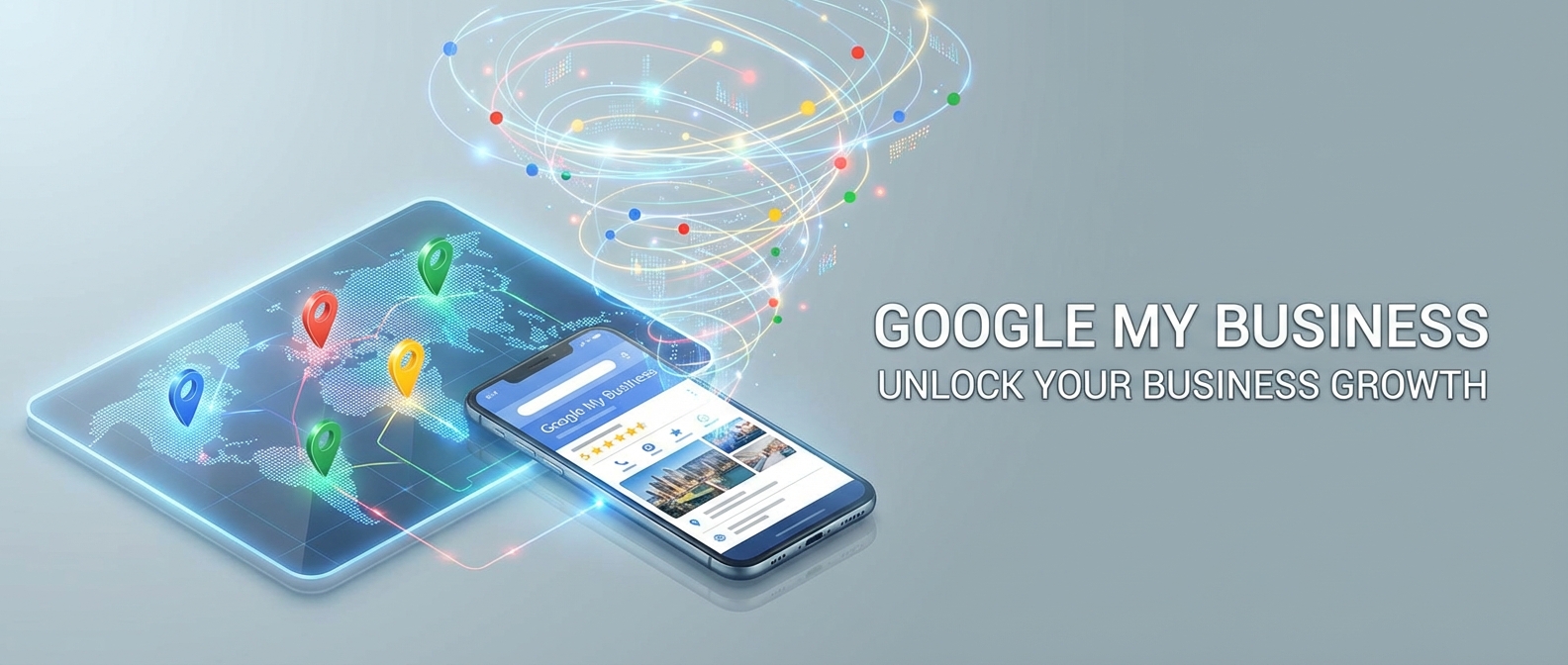 Illustration of Google My Business concept with a digital map, smartphone, and business growth symbols.