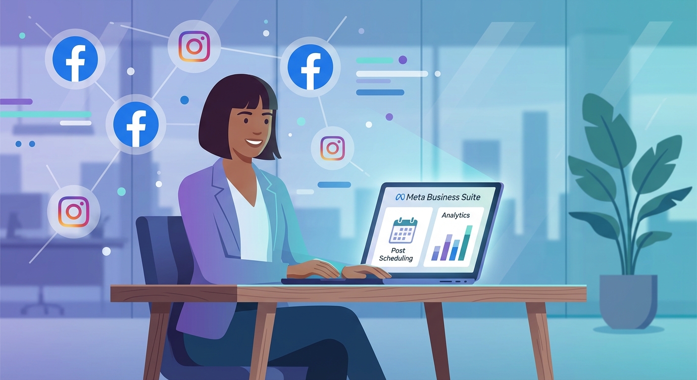 Business owner using Meta Business Suite on a laptop, showcasing features like post scheduling and analytics, with Facebook and Instagram icons in the background.