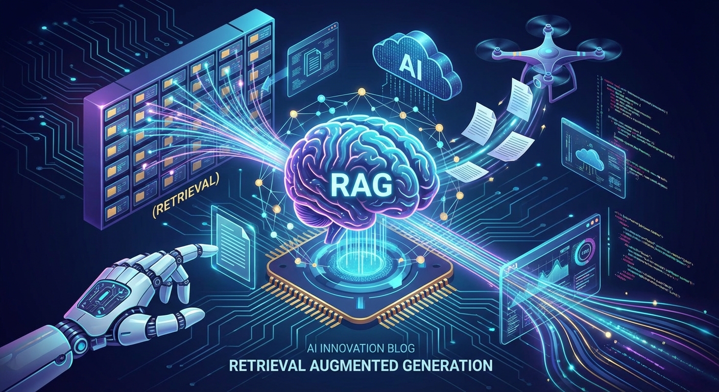 Illustration of Retrieval Augmented Generation in AI, showing neural networks and data streams symbolizing innovation and automation.