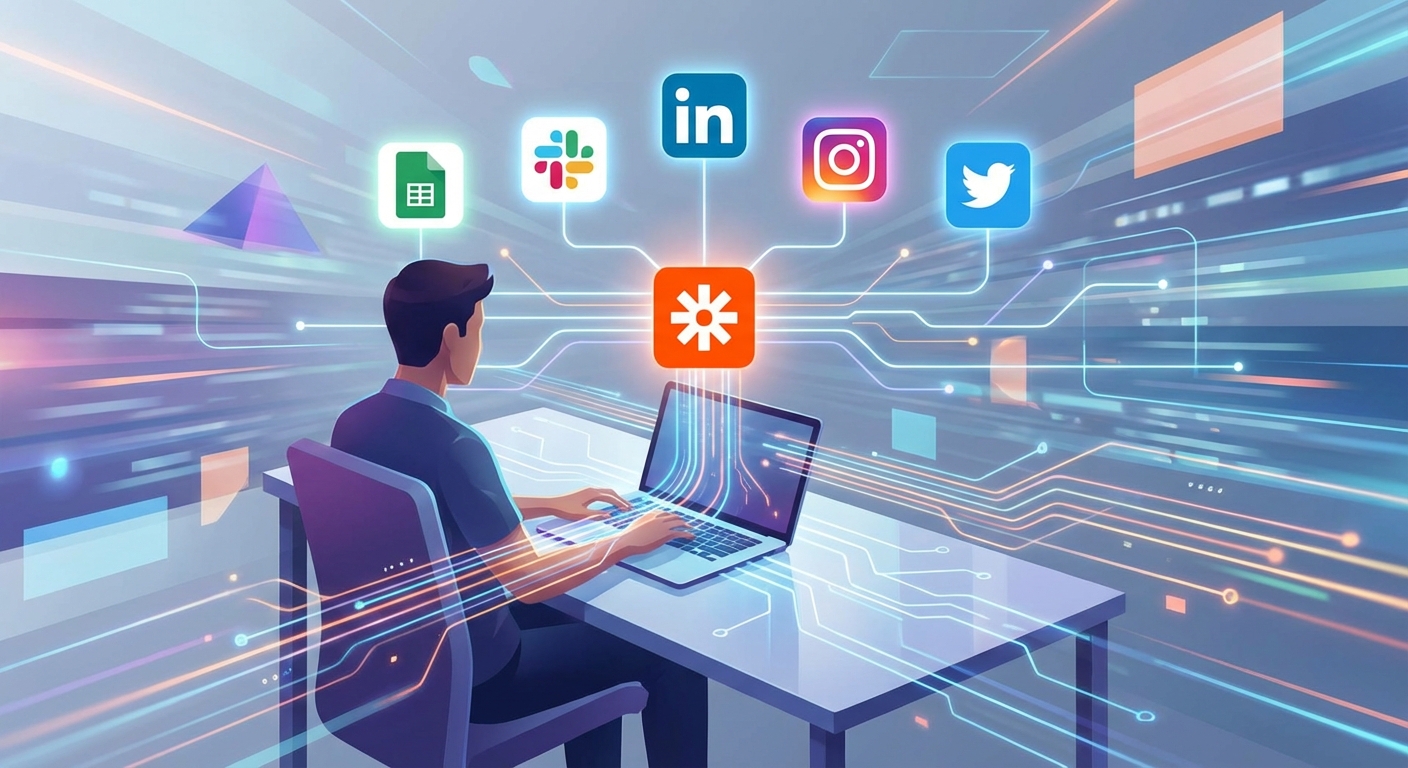 Illustration of a person using Zapier for automation, surrounded by app icons like Google Sheets and Slack, symbolizing streamlined workflows.